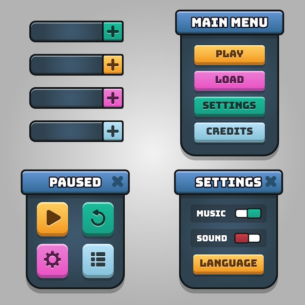 レベルボタンゲームのポップアップ、アイコン、ウィンドウ、要素の完全なセットの暗い色のデザイン