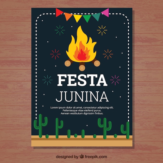 Free vector dark festa junina cover template with bonfire