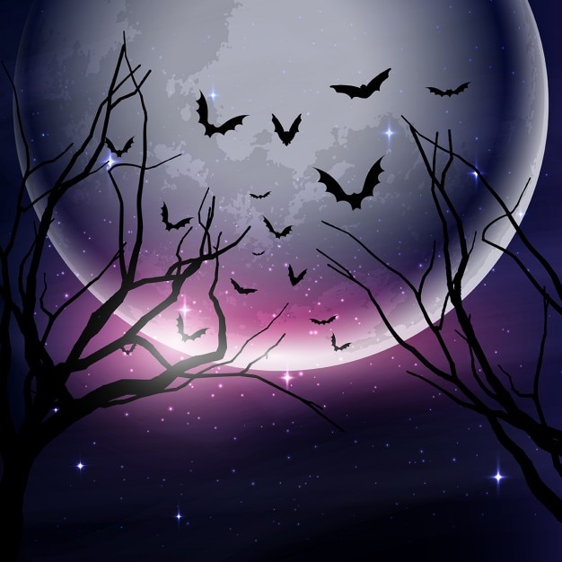 Vettore gratuito halloween sfondo cielo notturno con albero sagome contro la luna