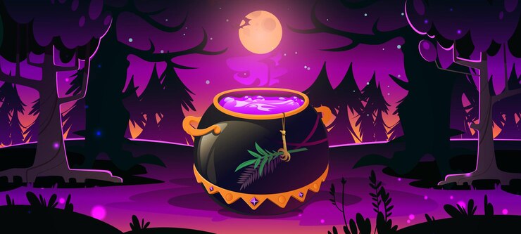 Free Vector dark forest with witch cauldron, trees silhouettes, purple light and moon at night. halloween background with gold cooking boiler with magic potion. vector cartoon illustration with cauldron in wood