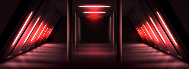 Темный зал галереи с лампами красного света