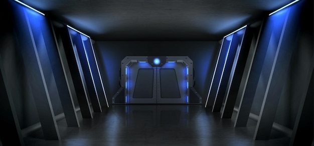 Dark hall with metal door and blue illumination