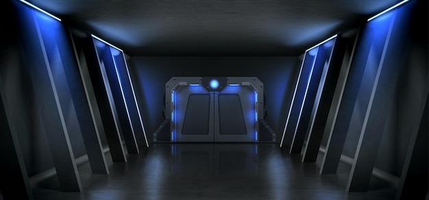 dark hall with metal door and blue illumination