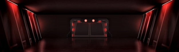 Vettore gratuito corridoio buio con porta di metallo e illuminazione rossa