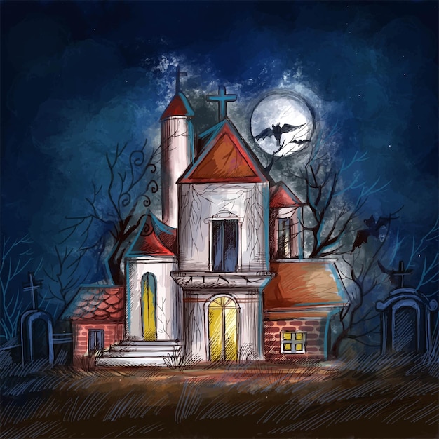 Dark halloween haunted house with moon background