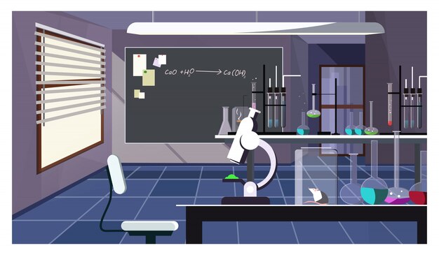Dark laboratory room with glassware on table illustration