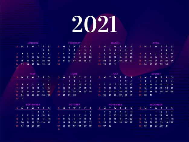 어두운 현대 2021 새해 세련된 달력 템플릿
