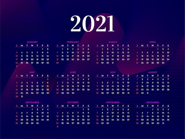 ダークモダン2021年新年スタイリッシュなカレンダーテンプレート