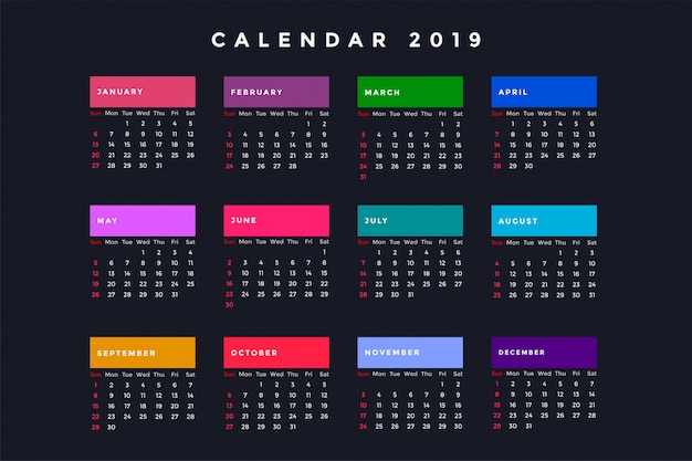 Dark new year calendar for 2019