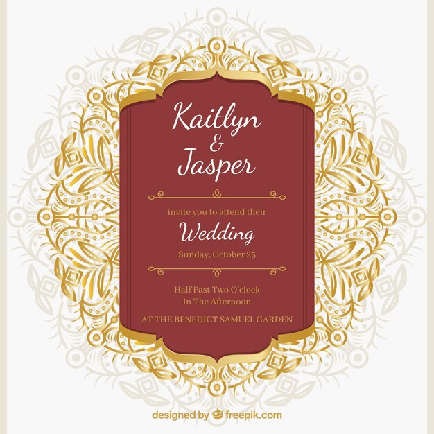 Dark red wedding invitation with golden ornaments