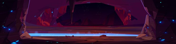 Free Vector dark rocky cave with water and blue crystals