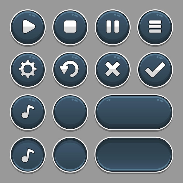 무료 벡터 게임 버튼 요소 및 진행률 표시 줄의 어두운 세트, 게임 및 앱용 밝은 다른 형태의 버튼.