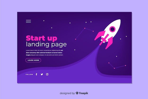 Free vector dark start up landing page with spaceship