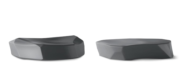 製品のディスプレイのためのダークストーン・ポディウム 3D現実的なベクトルセットのスタンドと黒い光沢のある岩の質感 化 ⁇ 品生産のデモンストレーションのための自然な基盤プラットフォーム 灰色の商品の展示モックアップ