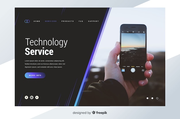 Free vector dark technology landing page with photo