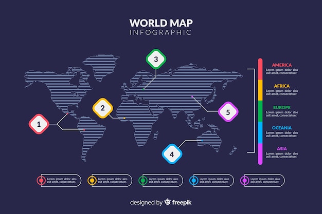 無料ベクター 暗いテーマ世界地図インフォグラフィック