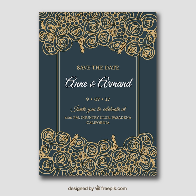 Dark wedding invitation card with hand-drawn flowers