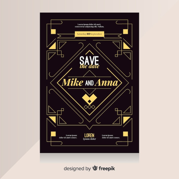 Free vector dark wedding invitation template in art deco style