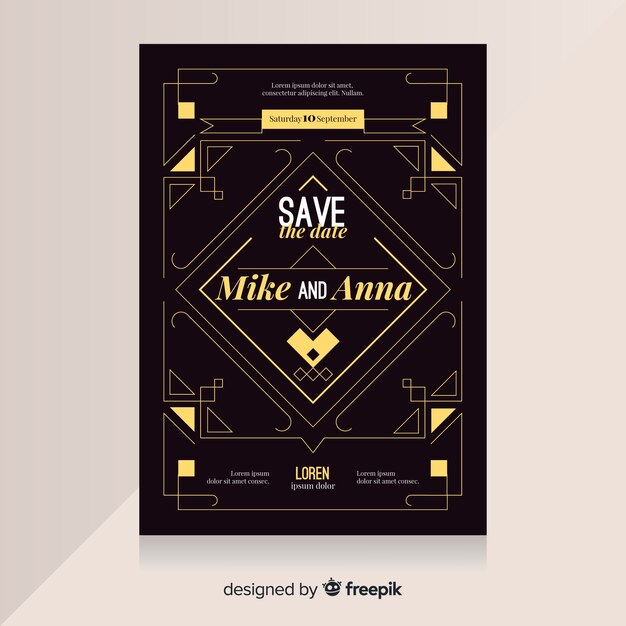 Dark wedding invitation template in art deco style