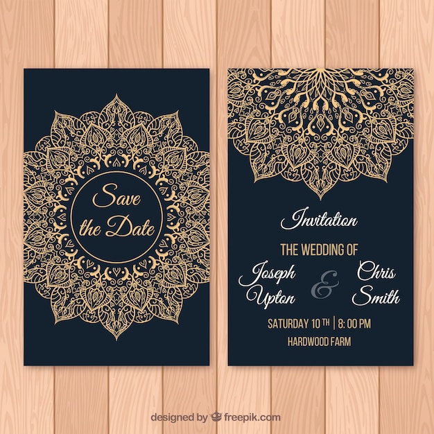 Dark wedding invitation with fantastic mandala