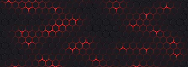 ダークワイド六角形抽象技術ハニカム未来的な背景と赤の明るいエネルギーが点滅します