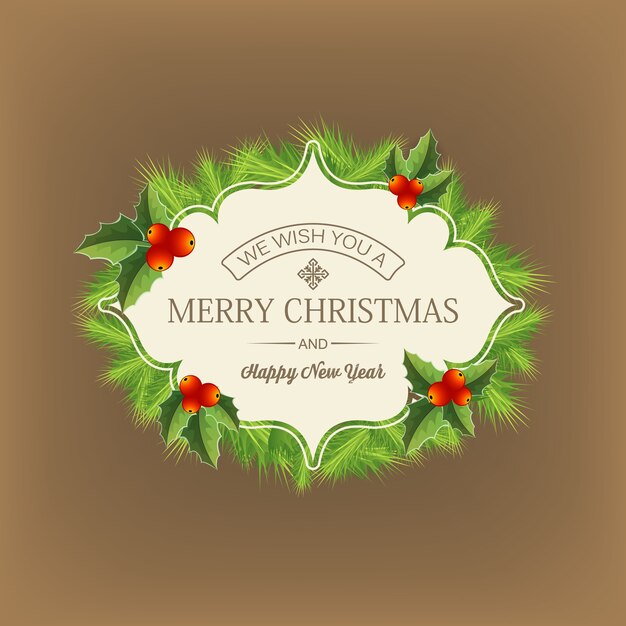 Dark with merry christmas greetings written in middle of coniferous wreath flat illustration