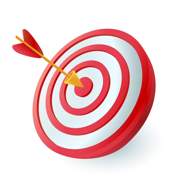 Dart hitting center of target 3D icon. Arrow hitting aim or bullseye 3D vector illustration on white background. Goal, success, achievement, marketing strategy concept