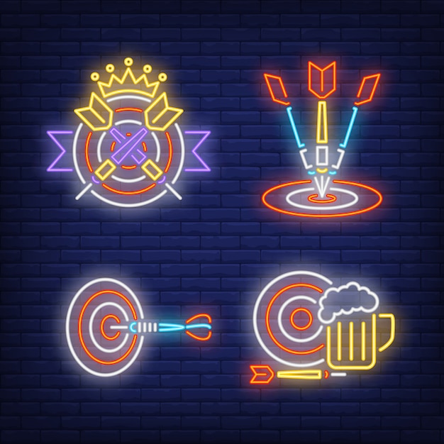 Free vector darts hitting targets, crown and beer mug neon signs set