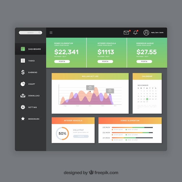 Vettore gratuito modello di pannello di amministrazione di dashboard con stile sfumato