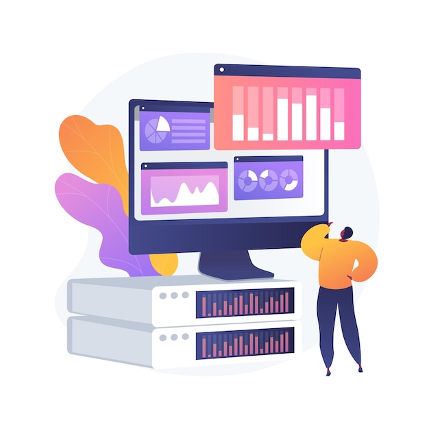 Dashboard analytics. Computer performance evaluation. Chart on screen, statistics analysis, infographic assessment. Business report on display. Vector isolated concept metaphor illustration.