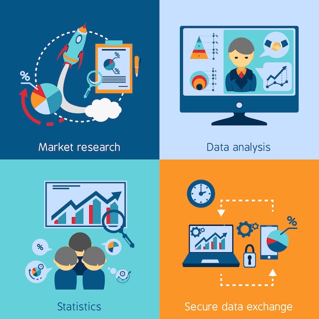 Data analysis 4 flat icons square