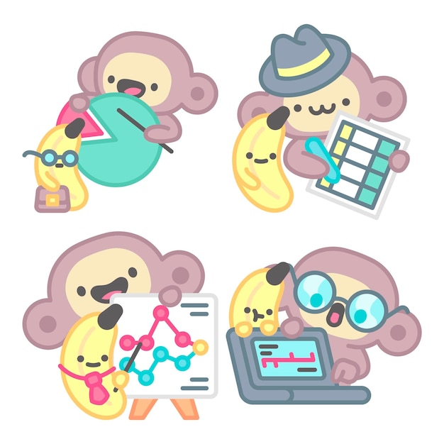 Free vector data analyst stickers collection with monkey and banana