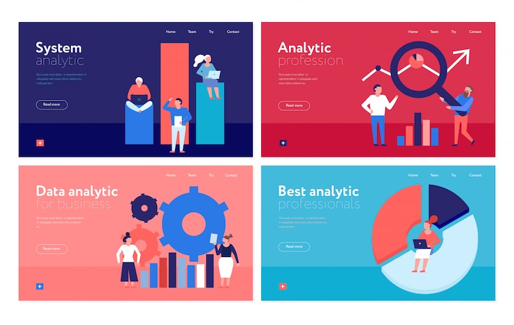 Free Vector data analytics flat colorful banners web page with business organization analysis system isolated