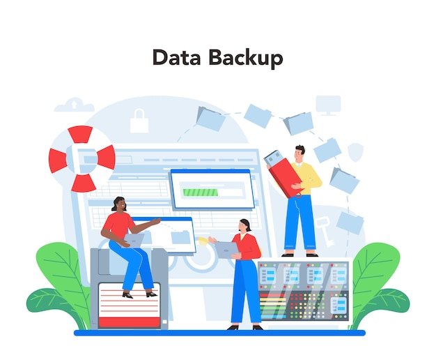 Data base administrator concept Admin or manager working at data center Data backup modern computer technology IT profession idea Isolated vector illustration