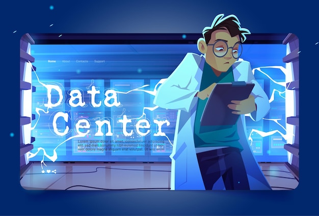 Data center cartoon landing page, geek working in server room with hardware racks, wires and computer processor. bigdata technology, cloud information base, artificial intelligence vector web banner