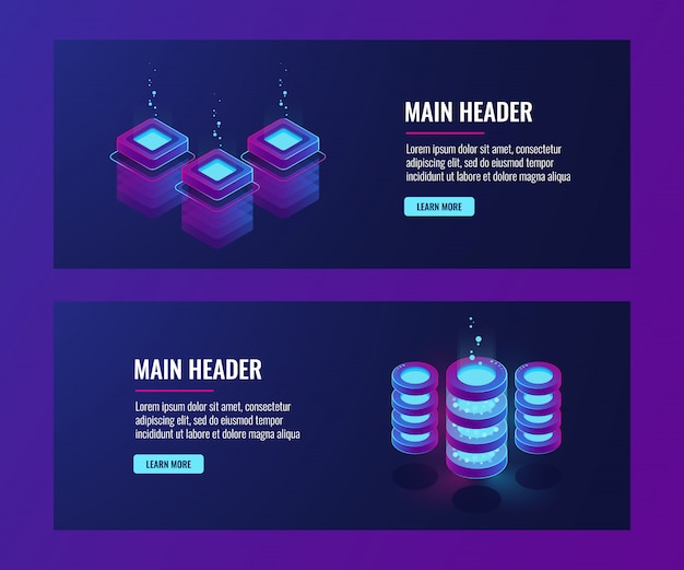Data center and database banners, server room icons, cloud storage information dark neon