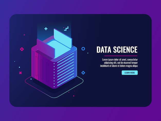 Vettore gratuito data center, scatola aperta, concetto di installazione di applicazioni e programmi, modulo di dispositivi futuristici