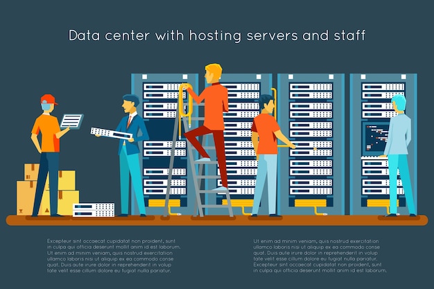 無料ベクター ホスティングサーバーとスタッフを備えたデータセンター。コンピュータ技術、ネットワークとデータベース、インターネットセンター、通信セキュリティルーム