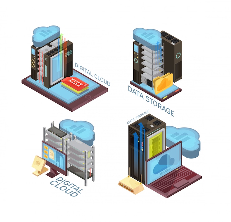 Free Vector data cloud service isometric concept with hosting server, information transfer, computer and mobile devices isolated vector illustration  