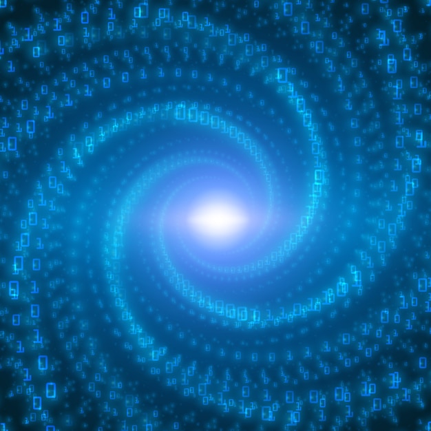 data flow visualization. Blue big data flow as binary numbers strings twisted in infinity tunnel. Information code stream representation. Cryptographic analysis. Bitcoin blockchain transfer.