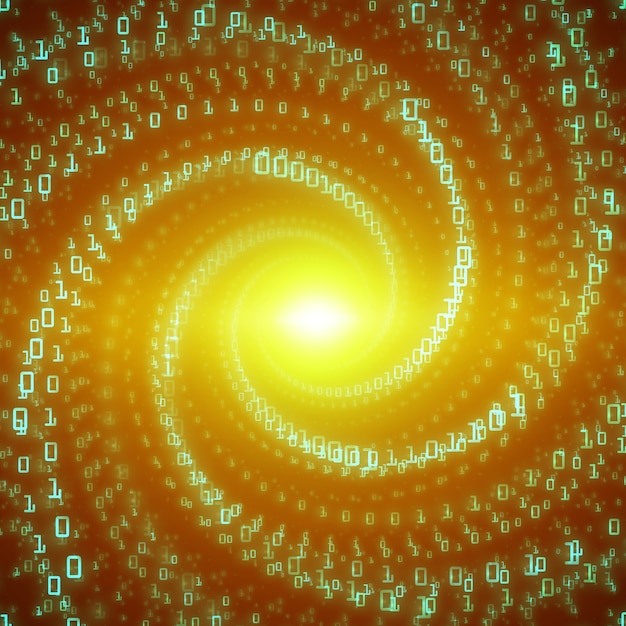  data flow visualization. Green big data flow as binary numbers strings twisted in infinity tunnel. Information code stream representation. Cryptographic analysis. Bitcoin blockchain transfer.