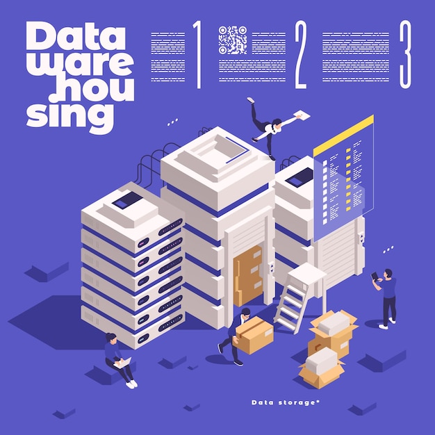 無料ベクター データ管理概念アイコン等尺性構成労働者のサーバー ラックの文字とテキスト ベクトル イラスト