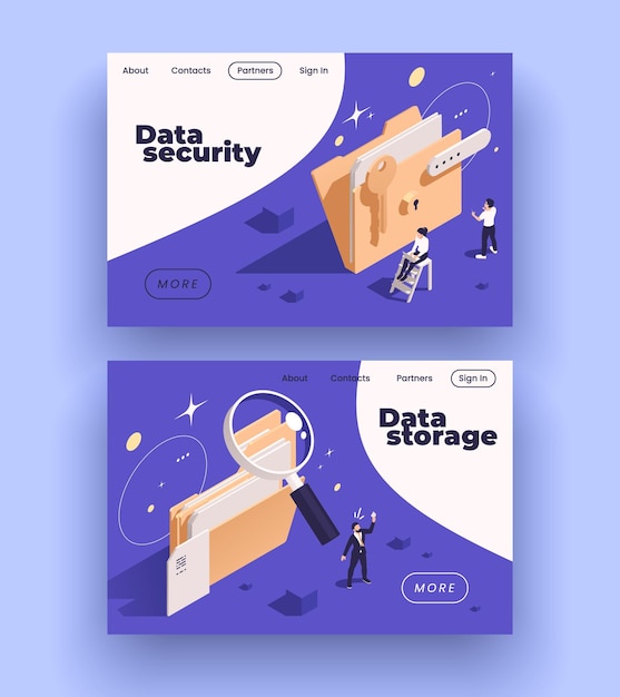 Free vector data management concept icons isometric set of web site landing pages with clickable links and text vector illustration