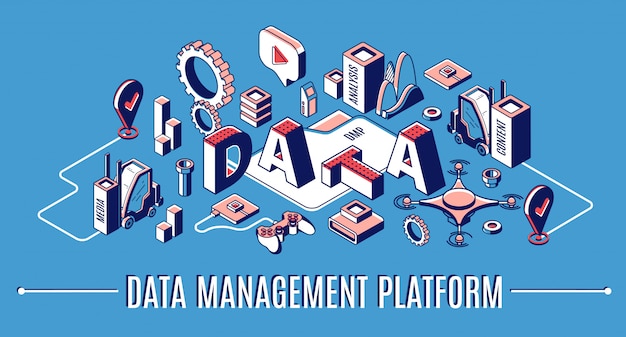 Free vector data management platform, dmp isometric infographic banner, business analytics finance statistics