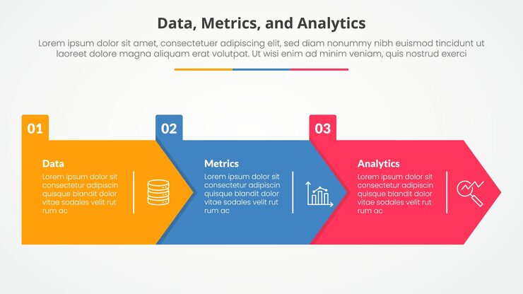 무료 Vector 데이터 메트릭스 및 분석 슬라이드 프레젠테이션에 대한 인포그래픽 개념 큰 화살표 직사각형 모양 3 점 목록과 평평한 스타일