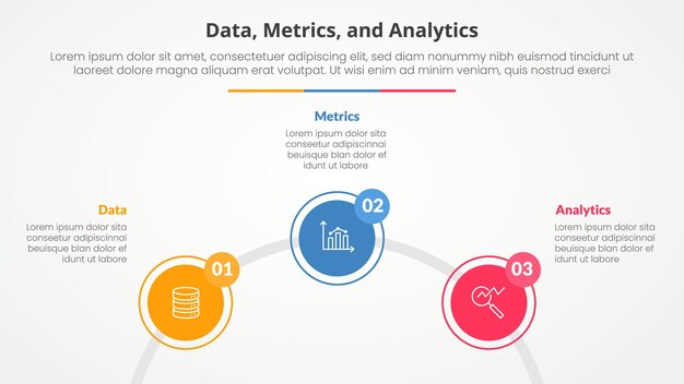 Data metrics and analytics infographic concept for slide presentation with big table arrow header badge with 3 point list with flat style