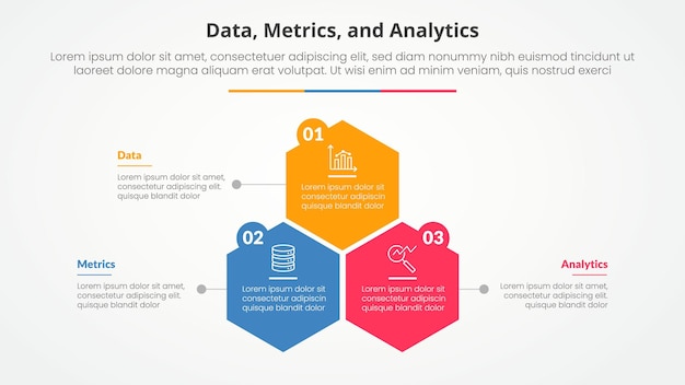 Data metrics and analytics infographic concept for slide presentation with hexagon or hexagonal shape structure with 3 point list with flat style