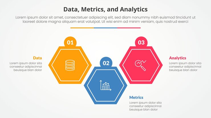 Free Vector data metrics and analytics infographic concept for slide presentation with hexagon shape up and down with 3 point list with flat style