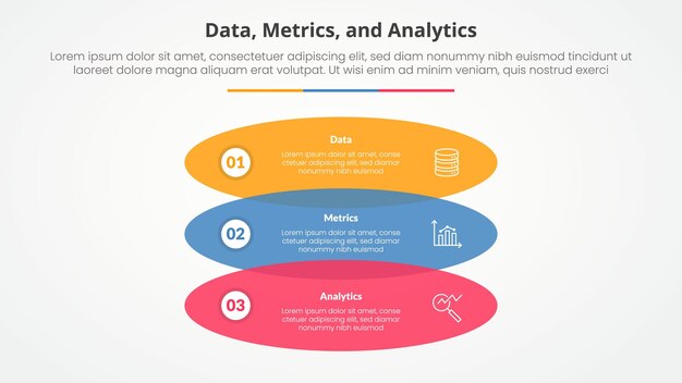Data metrics and analytics infographic concept for slide presentation with rectangle round shape venn vertical stack with 3 point list with flat style
