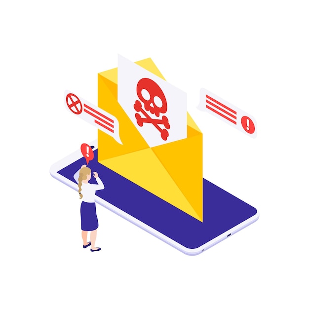 Data protection concept with panicking woman getting spam message on smartphone isometric